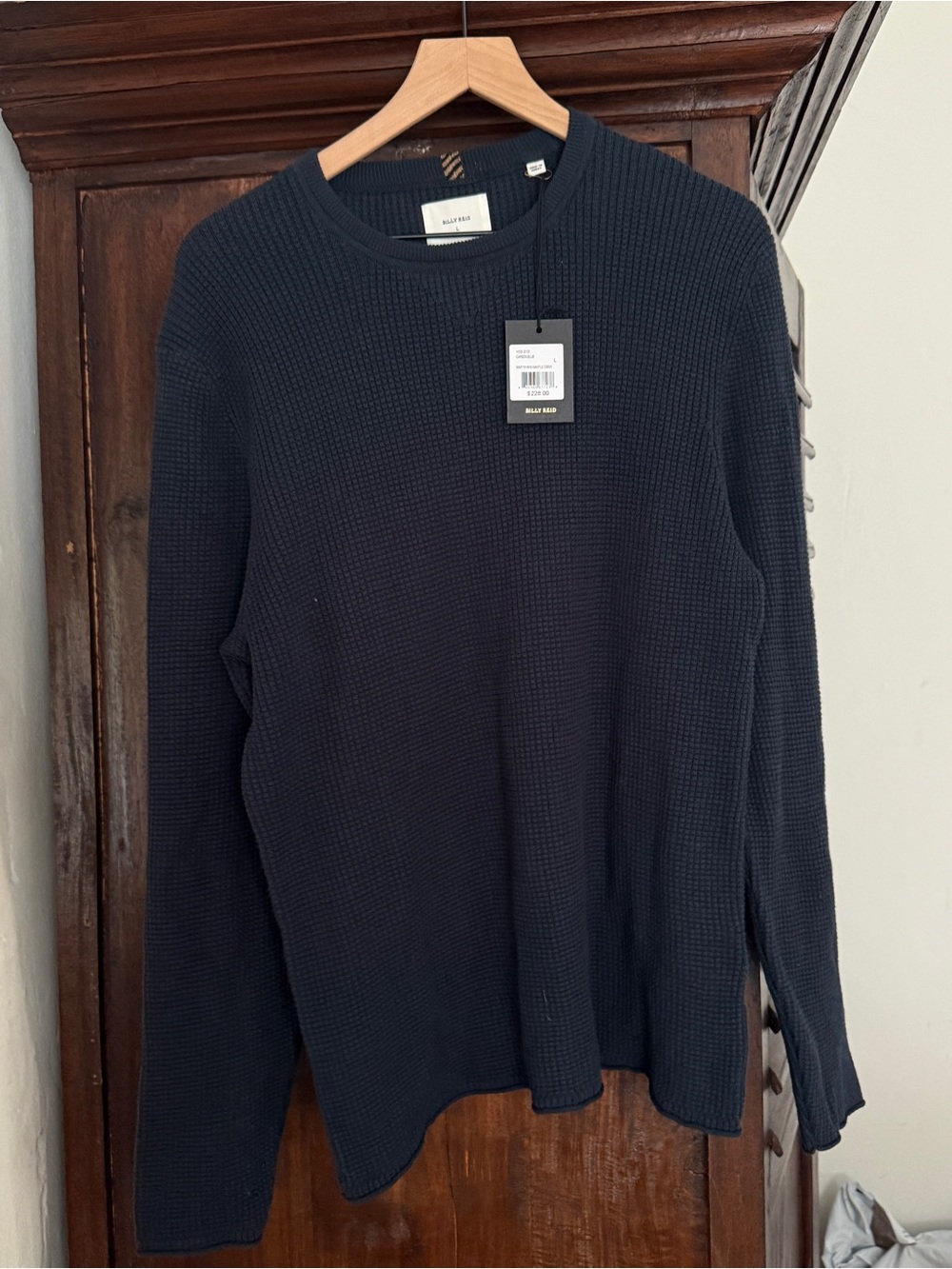 Billy Reid Martin mini waffle crew Men's Navy Waffle-Knit Crewneck Sweater